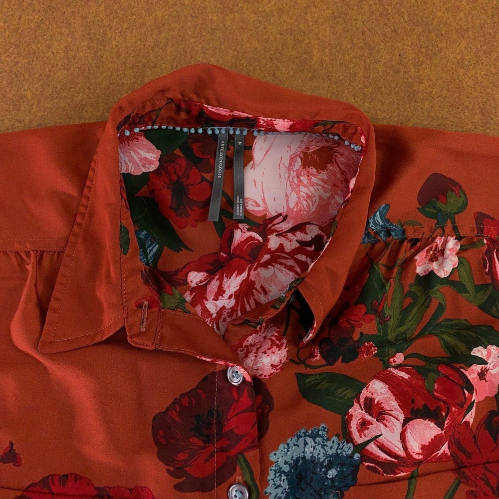 Anthropologie Womens Medium Rust Orange Floral Button Up Long Sleeve Tunic Top - Picture 2 of 13